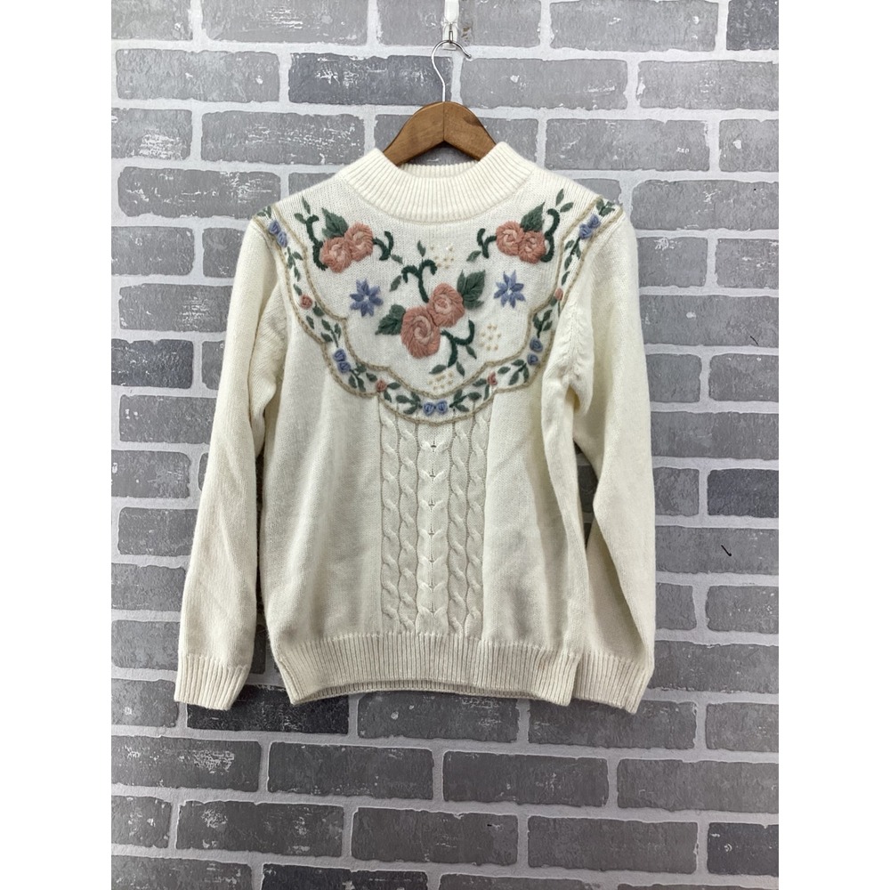 Alfred Dunner Petite Cream Floral Embroidered Cable Knit Sweater Mock Neck PM